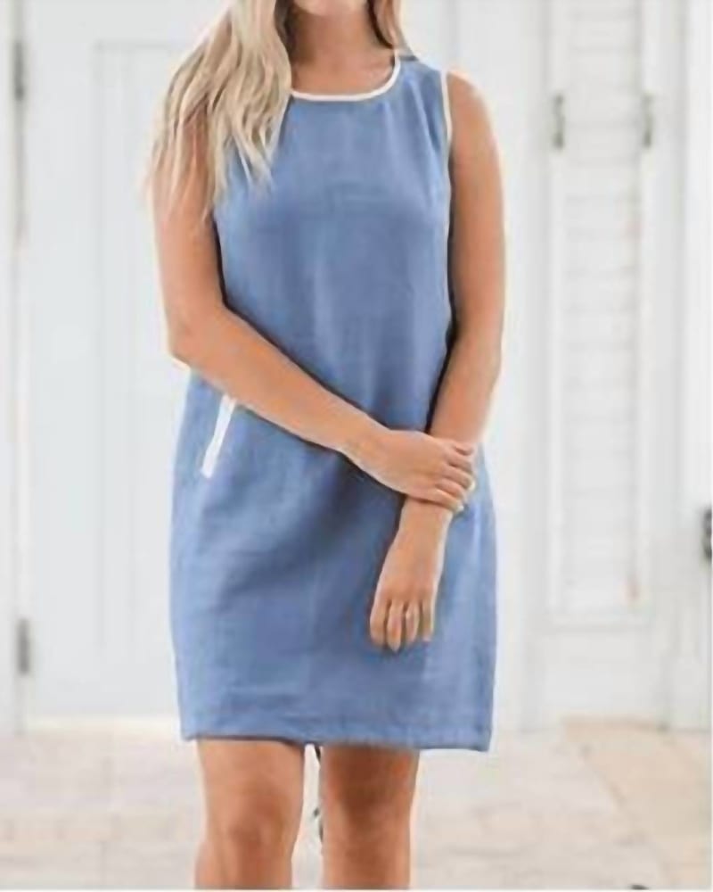 Front of a model wearing a size Large Crew Neck Dress In Denim/Natural in Denim/Natural by iLinen. | dia_product_style_image_id:343356
